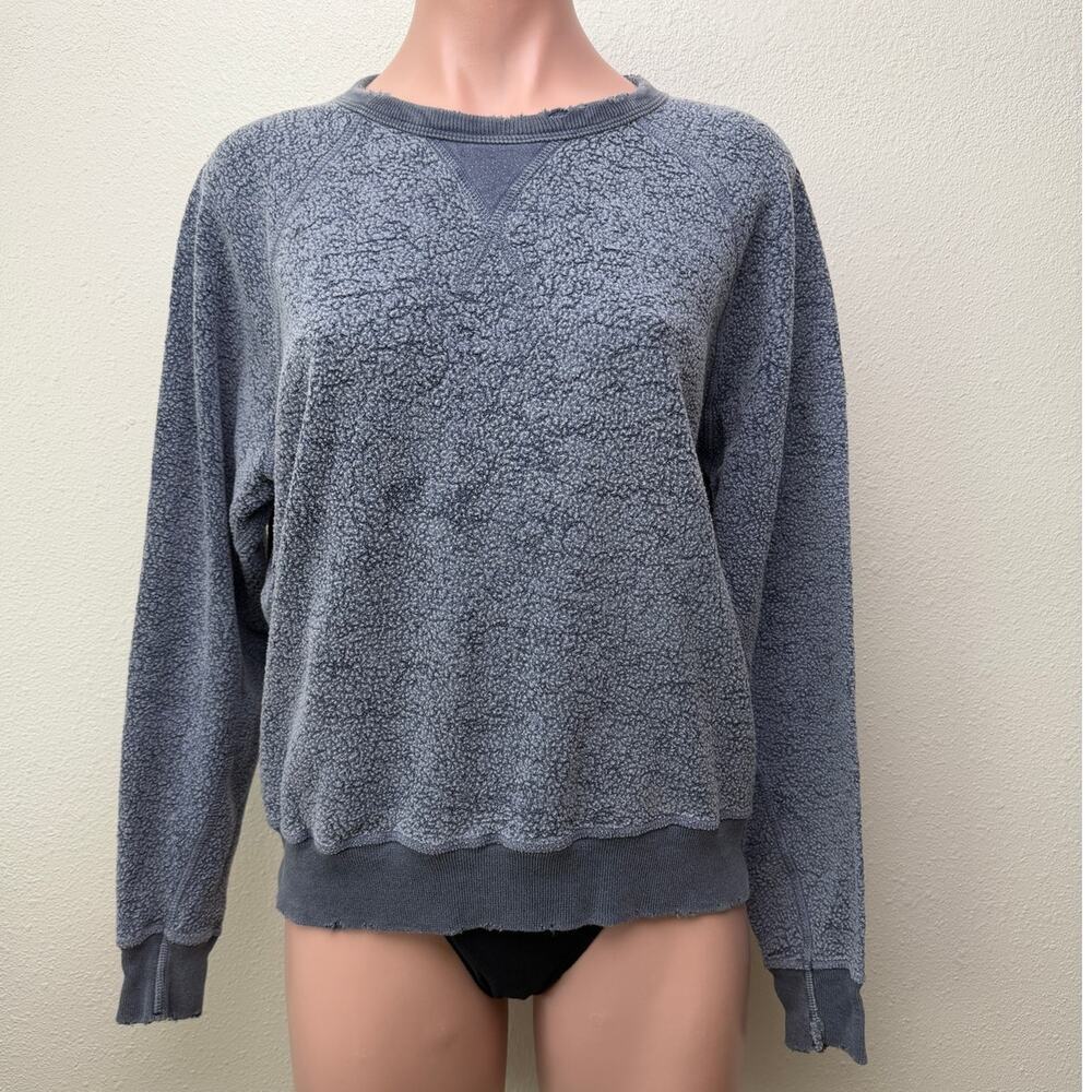 The Great. Blue Fleece Sweatshirt Distressed Raw Hem Raglan Sleeve - Size 0